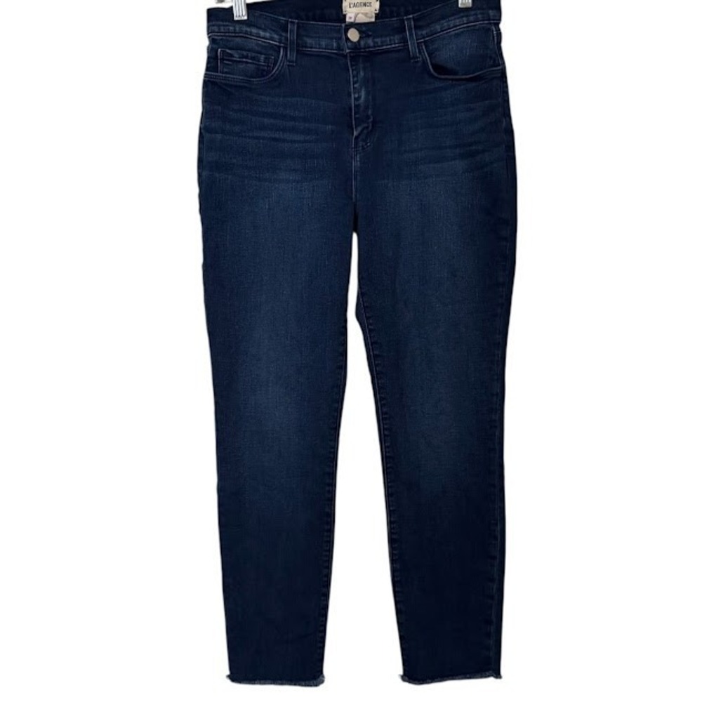 L'Agence Dark Wash High Rise Slim Leg Raw Hem Ankle Stretch Jeans Womens 30